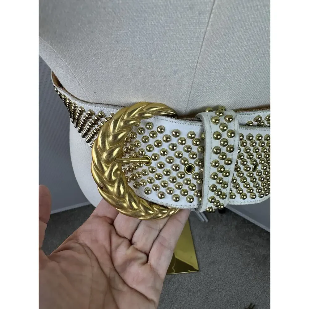 SAND CASTLE Vintage Studded Crystal Ivory Leather Belt Women's M (27”34